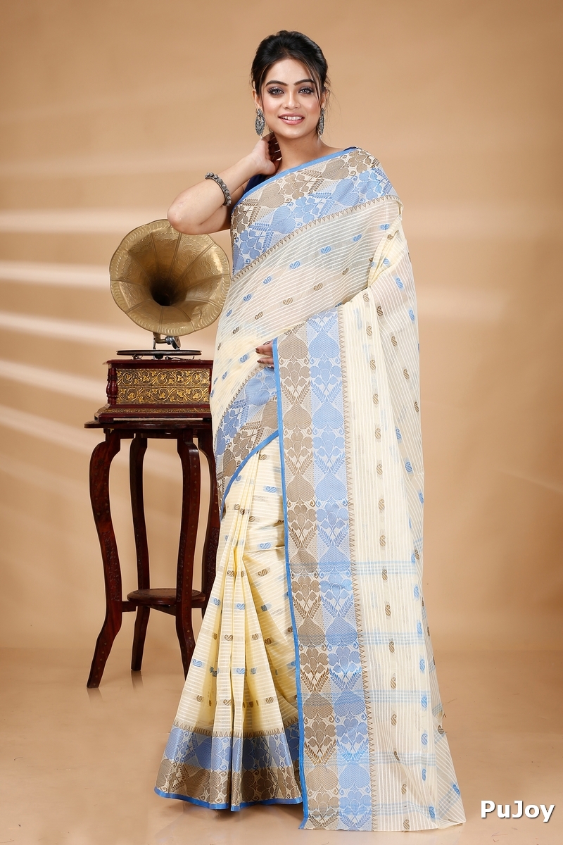 Blue Brown Pure Cotton Aged_Women Tant Saree (401)