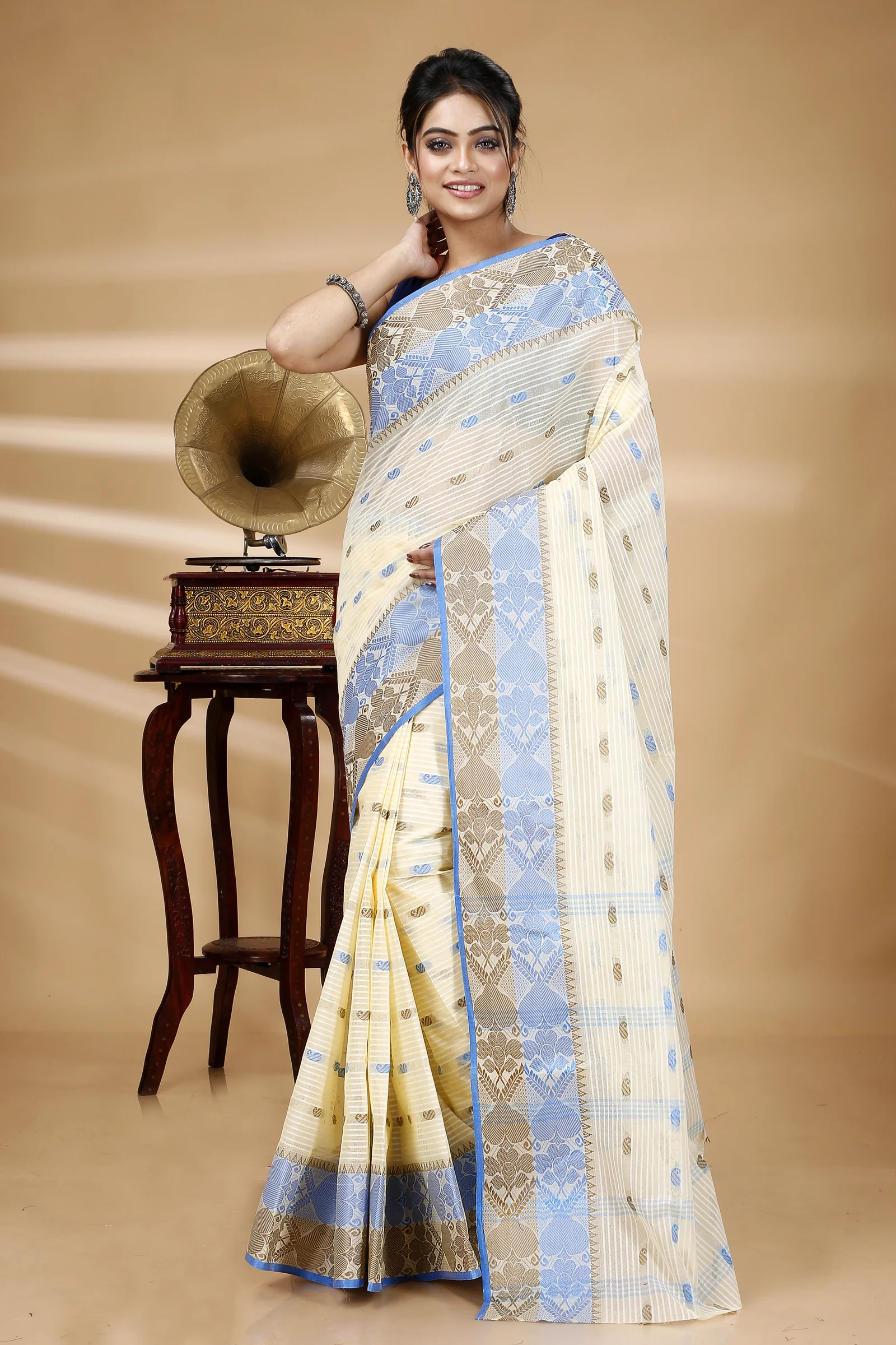 Blue Brown Pure Cotton Aged_Women Tant Saree (401)