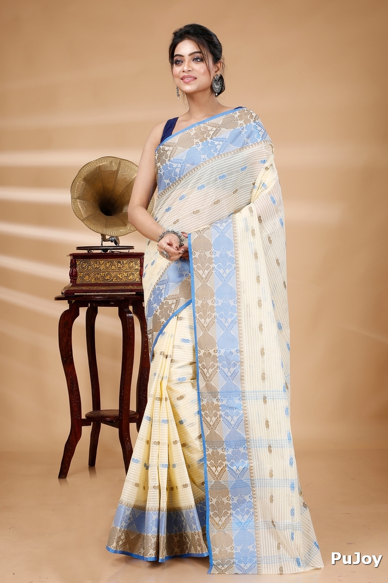 Blue Brown Pure Cotton Aged_Women Tant Saree (401)