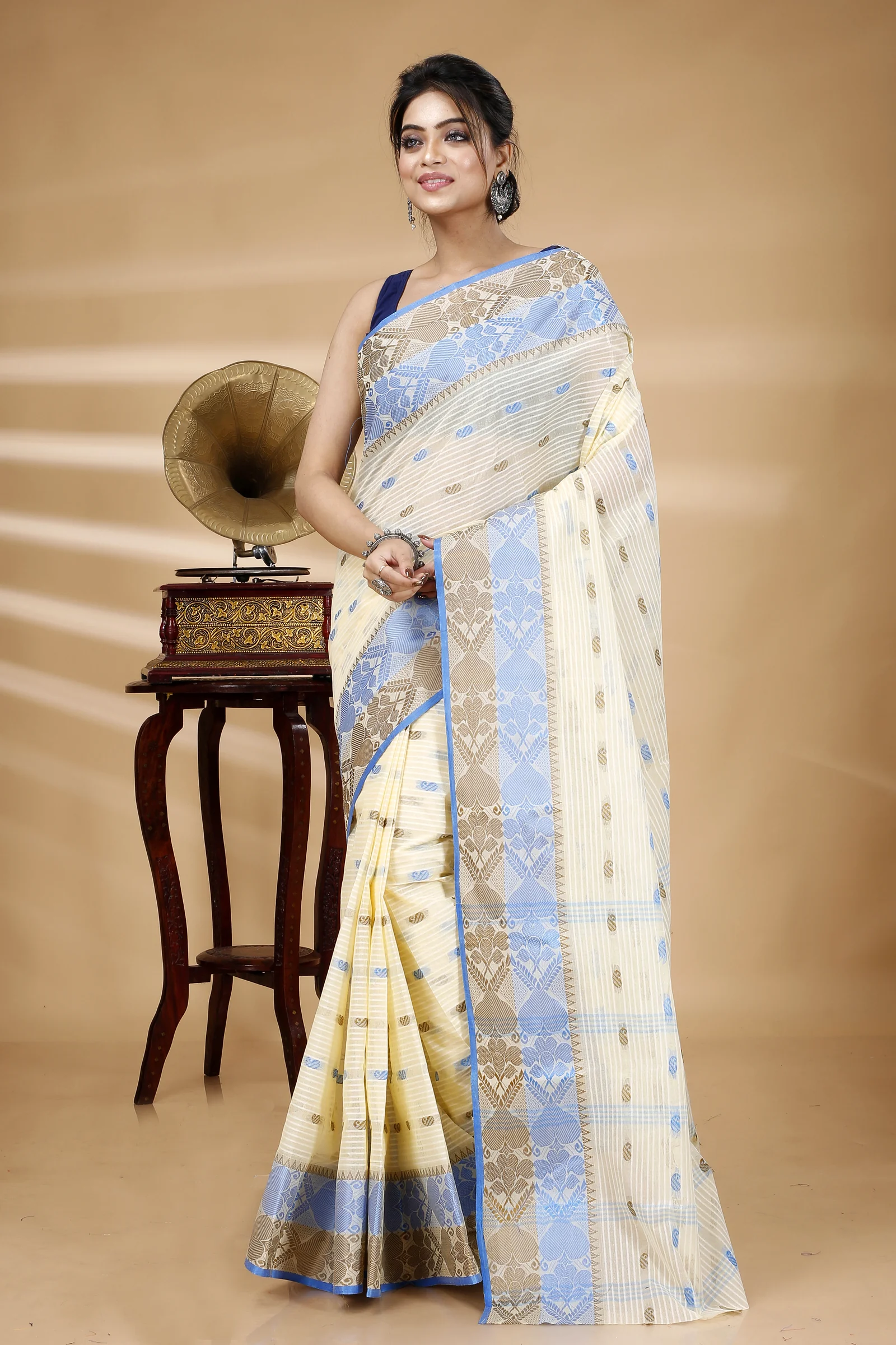 Blue Brown Pure Cotton Aged_Women Tant Saree (401)