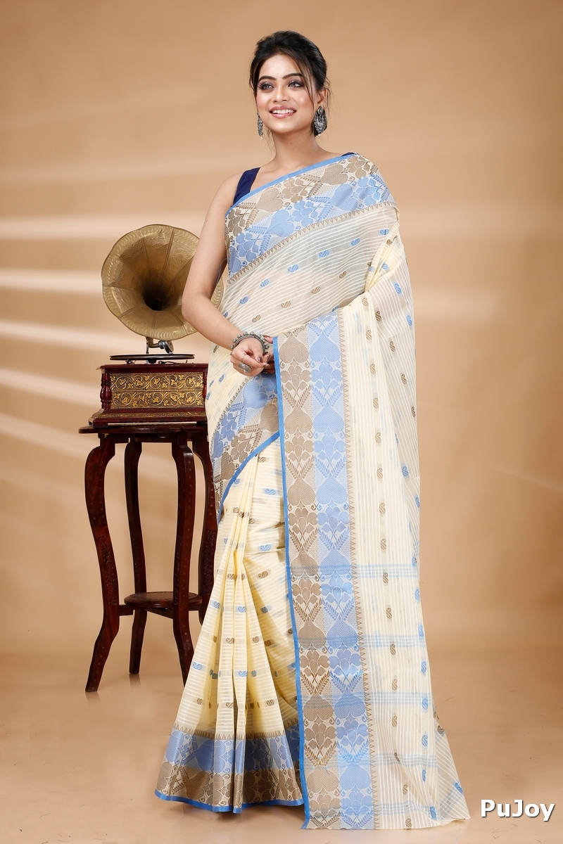 Blue Brown Pure Cotton Aged_Women Tant Saree (401)