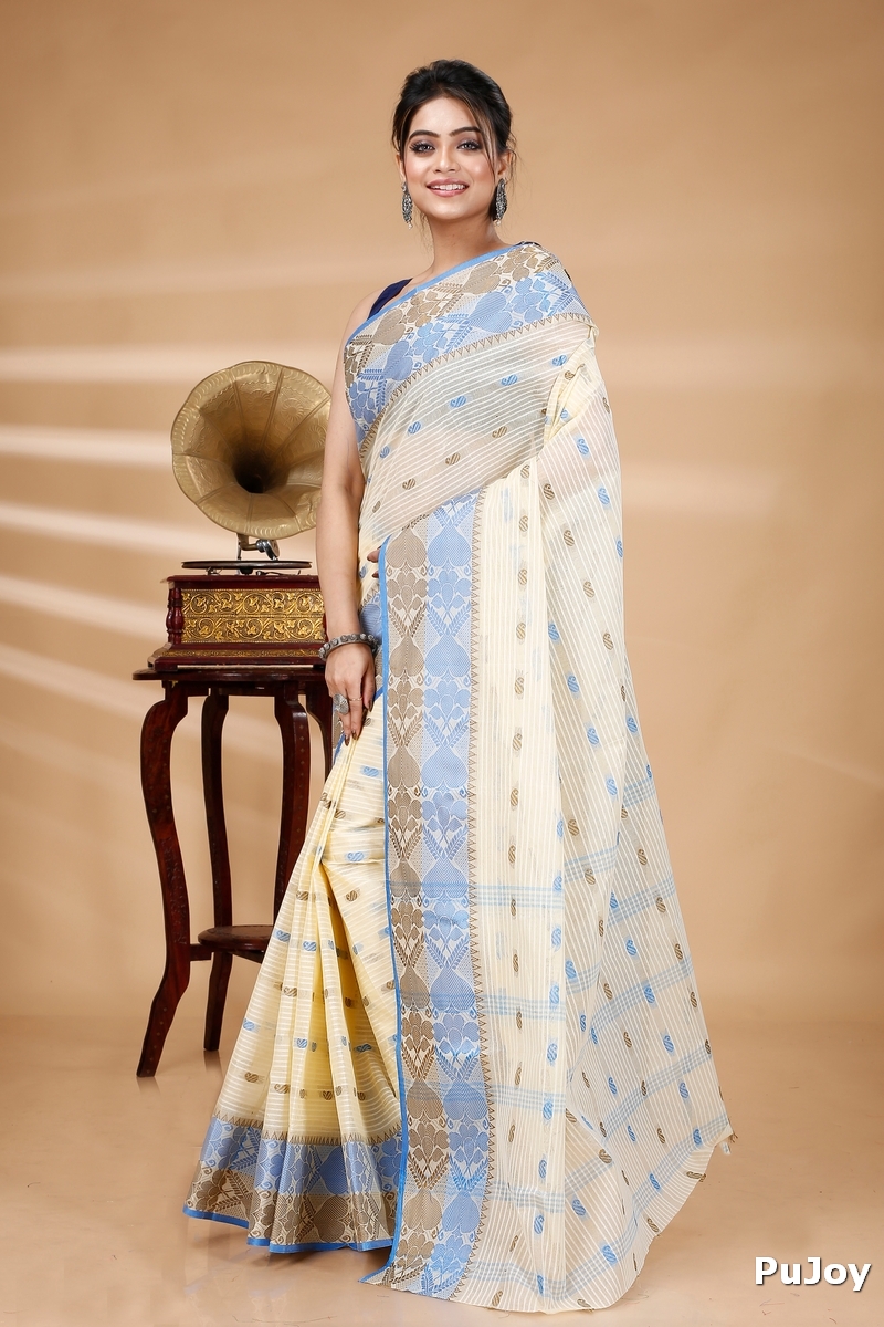 Blue Brown Pure Cotton Aged_Women Tant Saree (401)