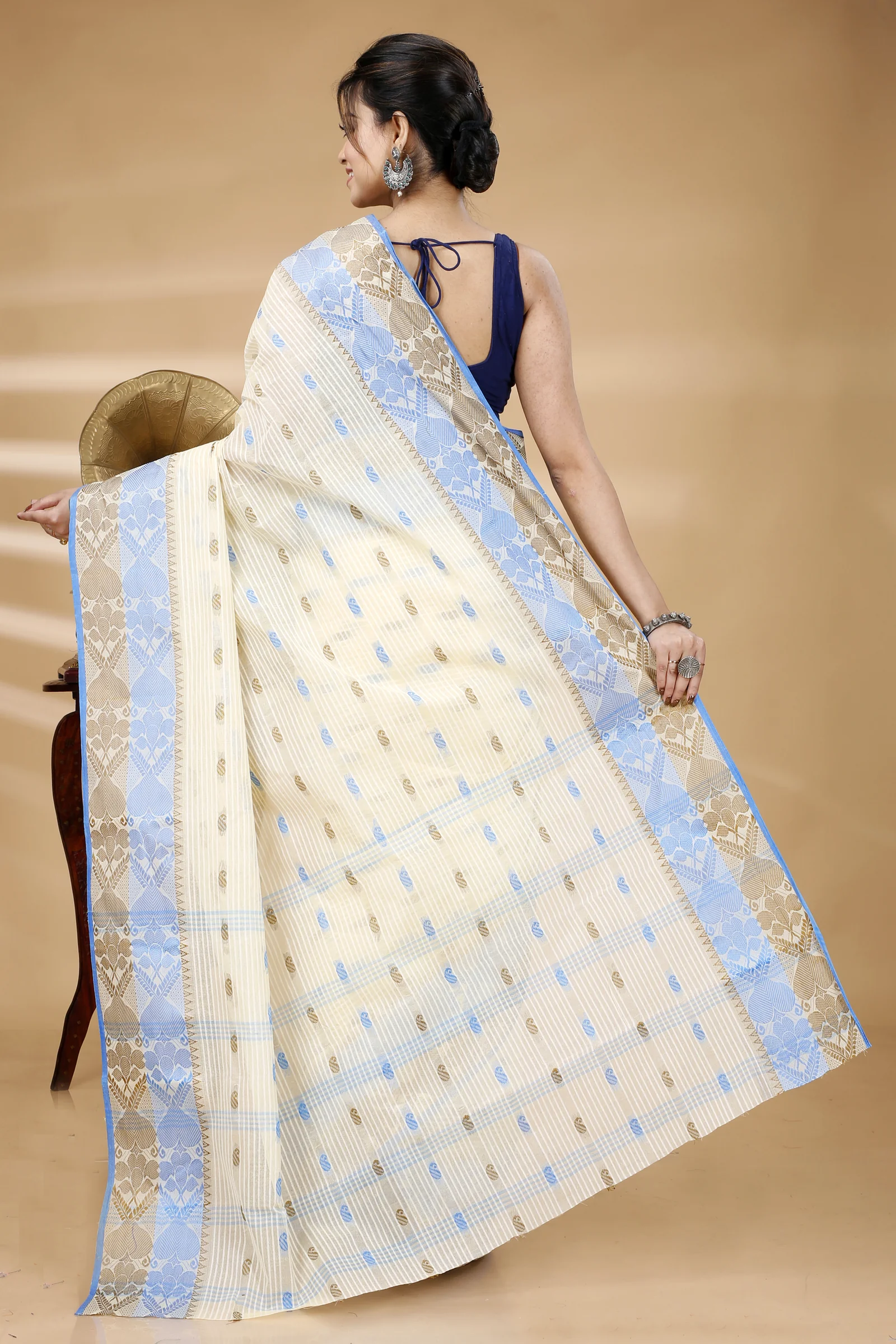 Blue Brown Pure Cotton Aged_Women Tant Saree (401)
