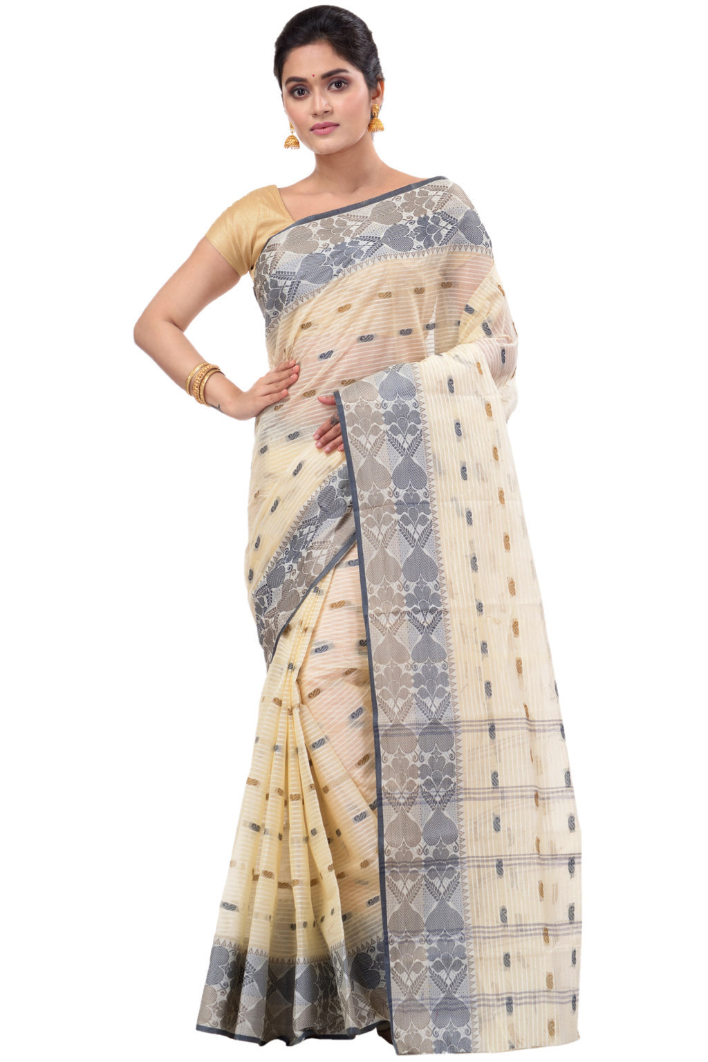 Black Brown Pure Cotton Aged_Women Tant Saree (402)