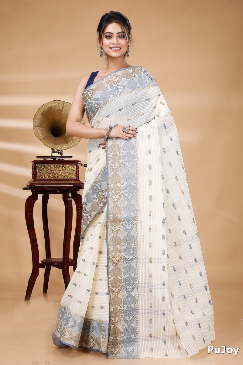 Black Brown Pure Cotton Aged_Women Tant Saree (402)