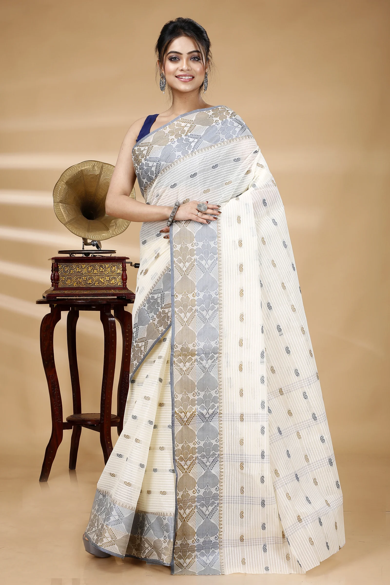 Black Brown Pure Cotton Aged_Women Tant Saree (402)