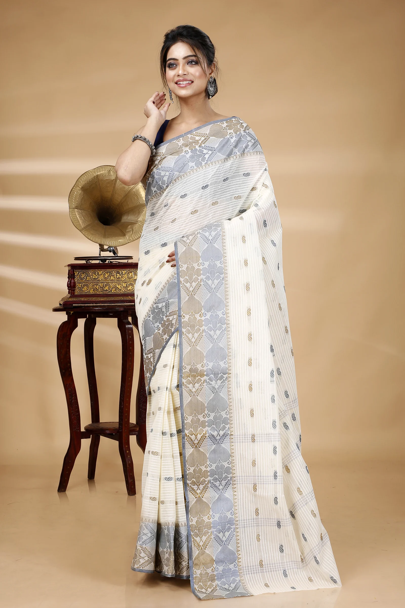 Black Brown Pure Cotton Aged_Women Tant Saree (402)