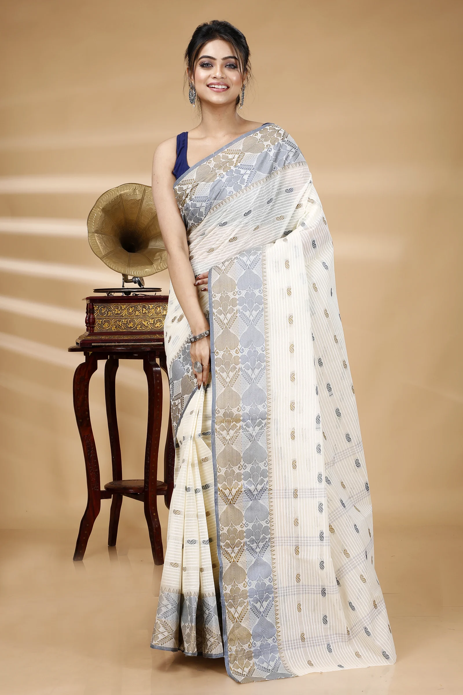 Black Brown Pure Cotton Aged_Women Tant Saree (402)