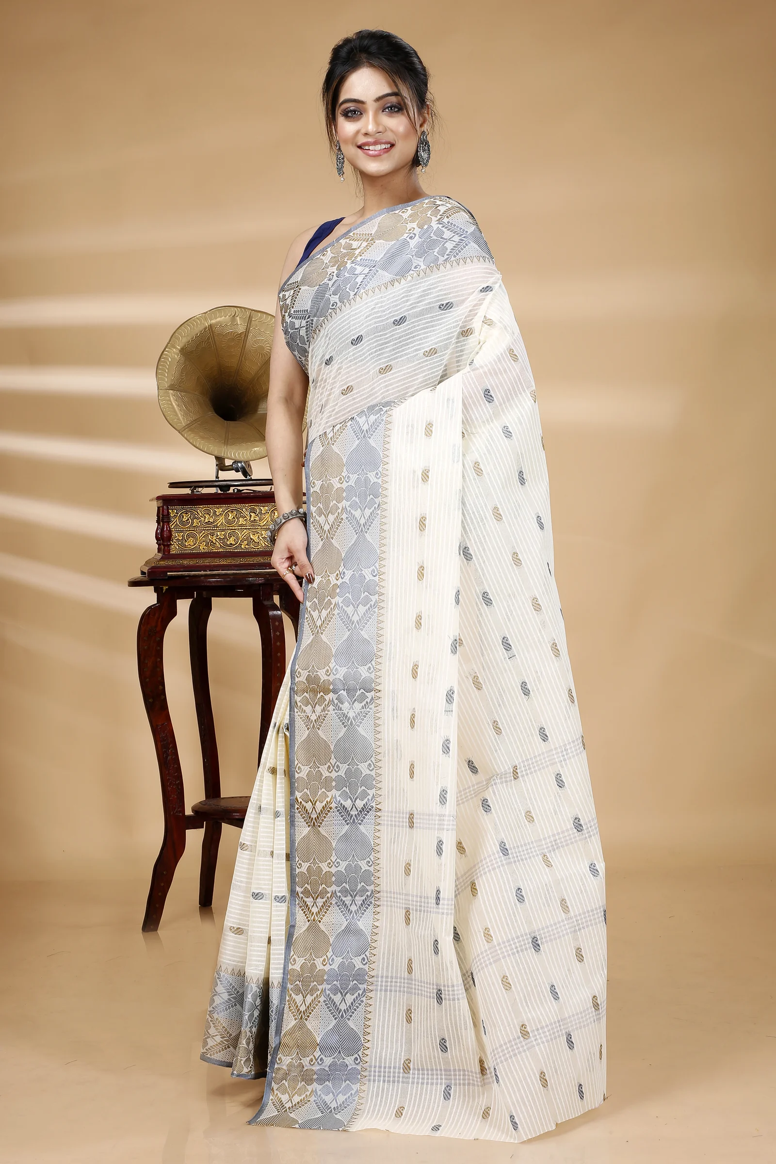 Black Brown Pure Cotton Aged_Women Tant Saree (402)