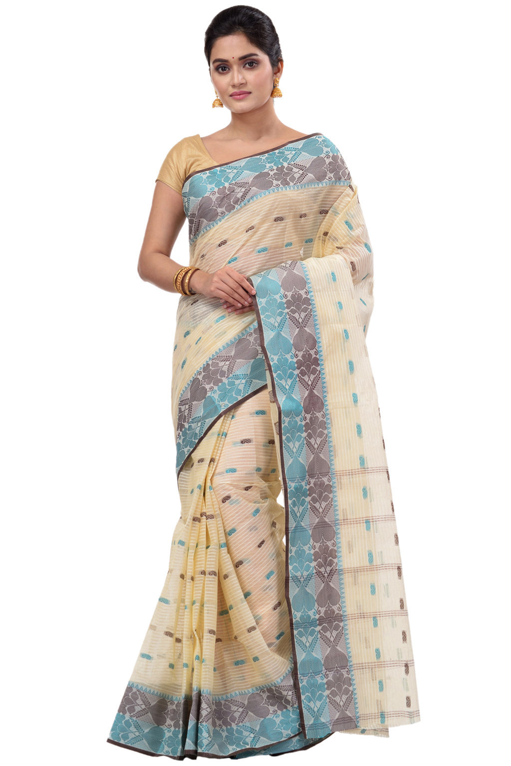 Green Brown Pure Cotton Aged_Women Tant Saree (405)