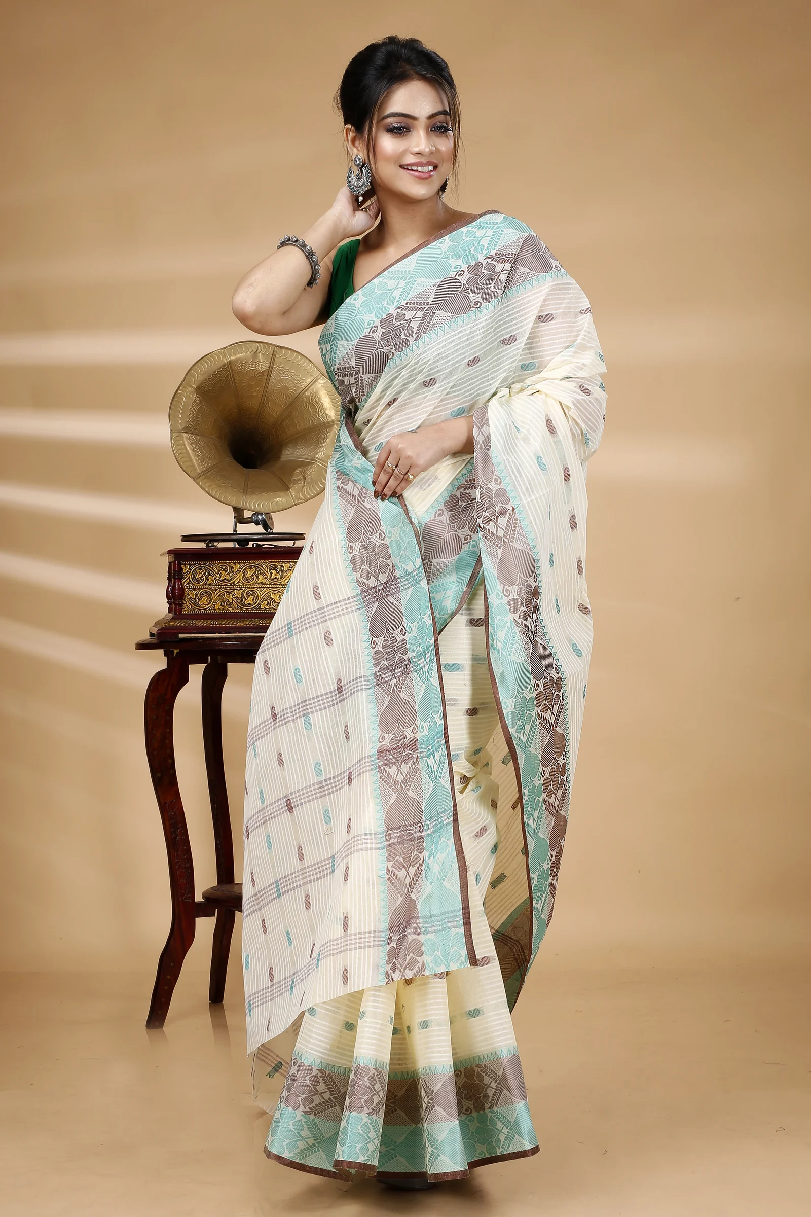 Green Brown Pure Cotton Aged_Women Tant Saree (405)