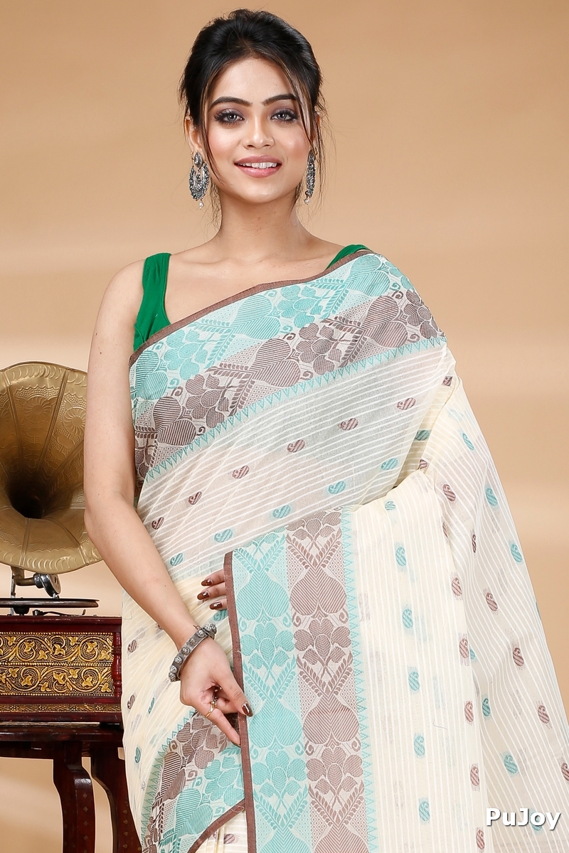 Green Brown Pure Cotton Aged_Women Tant Saree (405)