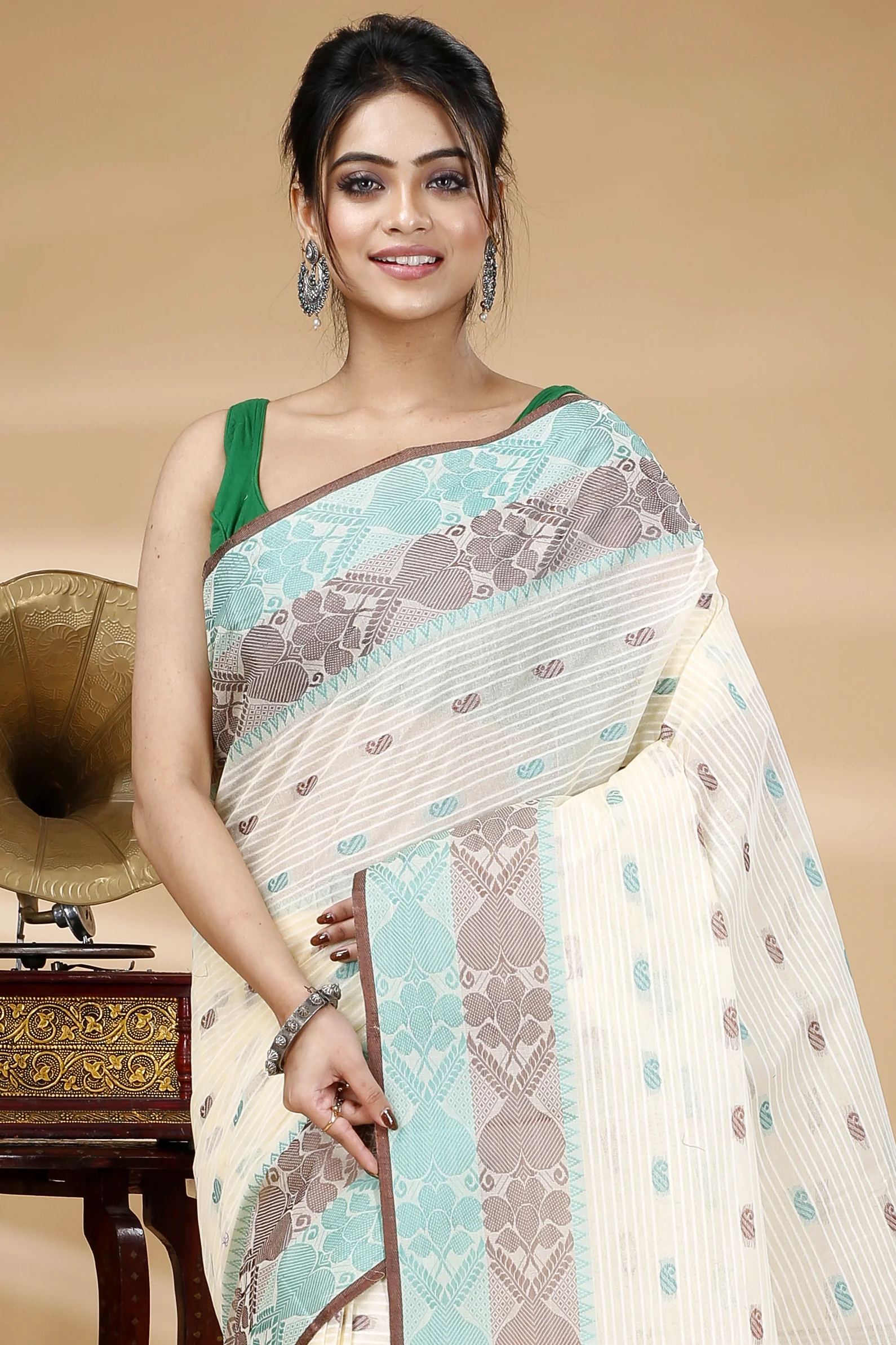 Green Brown Pure Cotton Aged_Women Tant Saree (405)