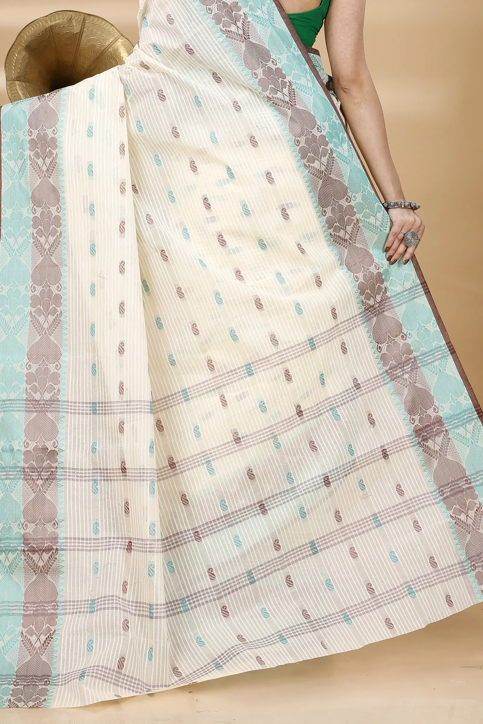 Green Brown Pure Cotton Aged_Women Tant Saree (405)