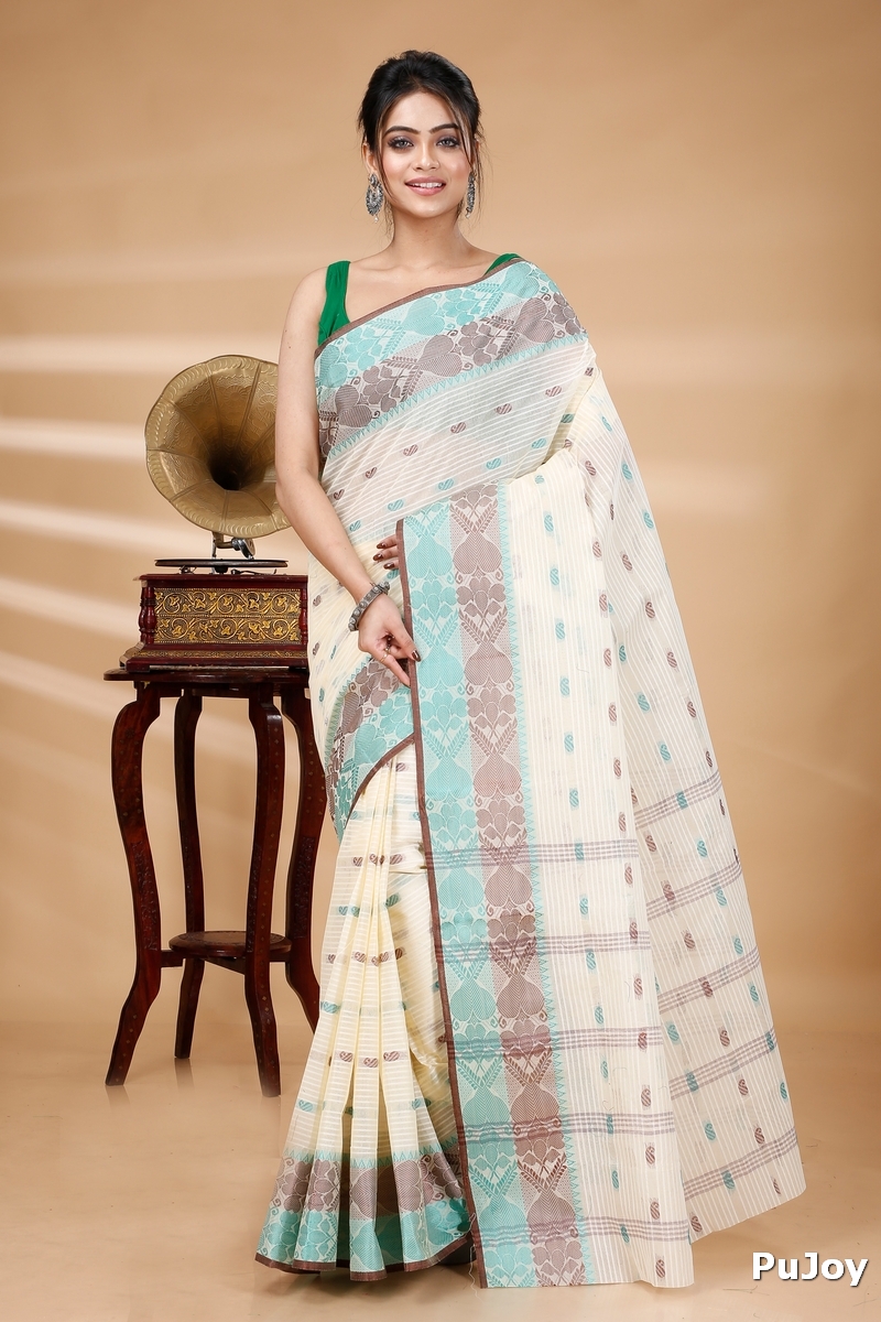 Green Brown Pure Cotton Aged_Women Tant Saree (405)