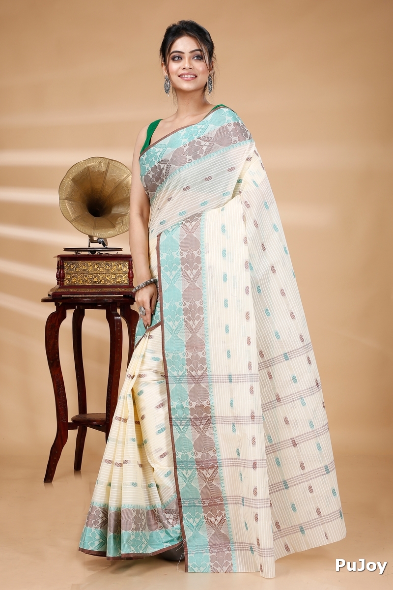 Green Brown Pure Cotton Aged_Women Tant Saree (405)
