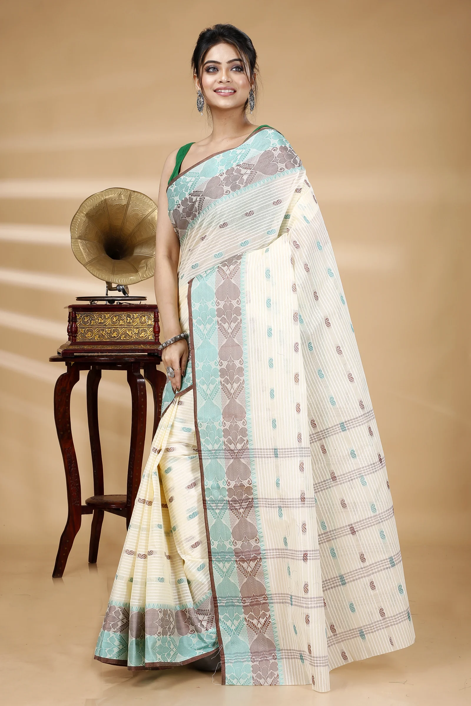 Green Brown Pure Cotton Aged_Women Tant Saree (405)