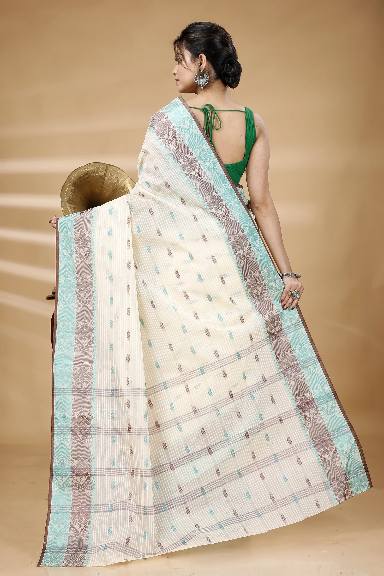 Green Brown Pure Cotton Aged_Women Tant Saree (405)