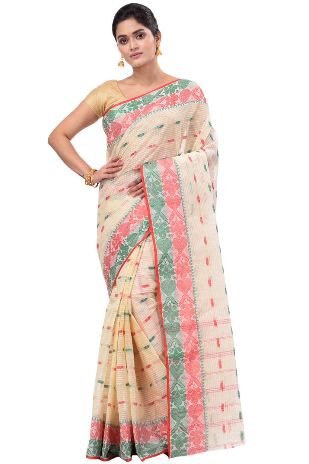 Red Green Pure Cotton Aged_Women Tant Saree (407)