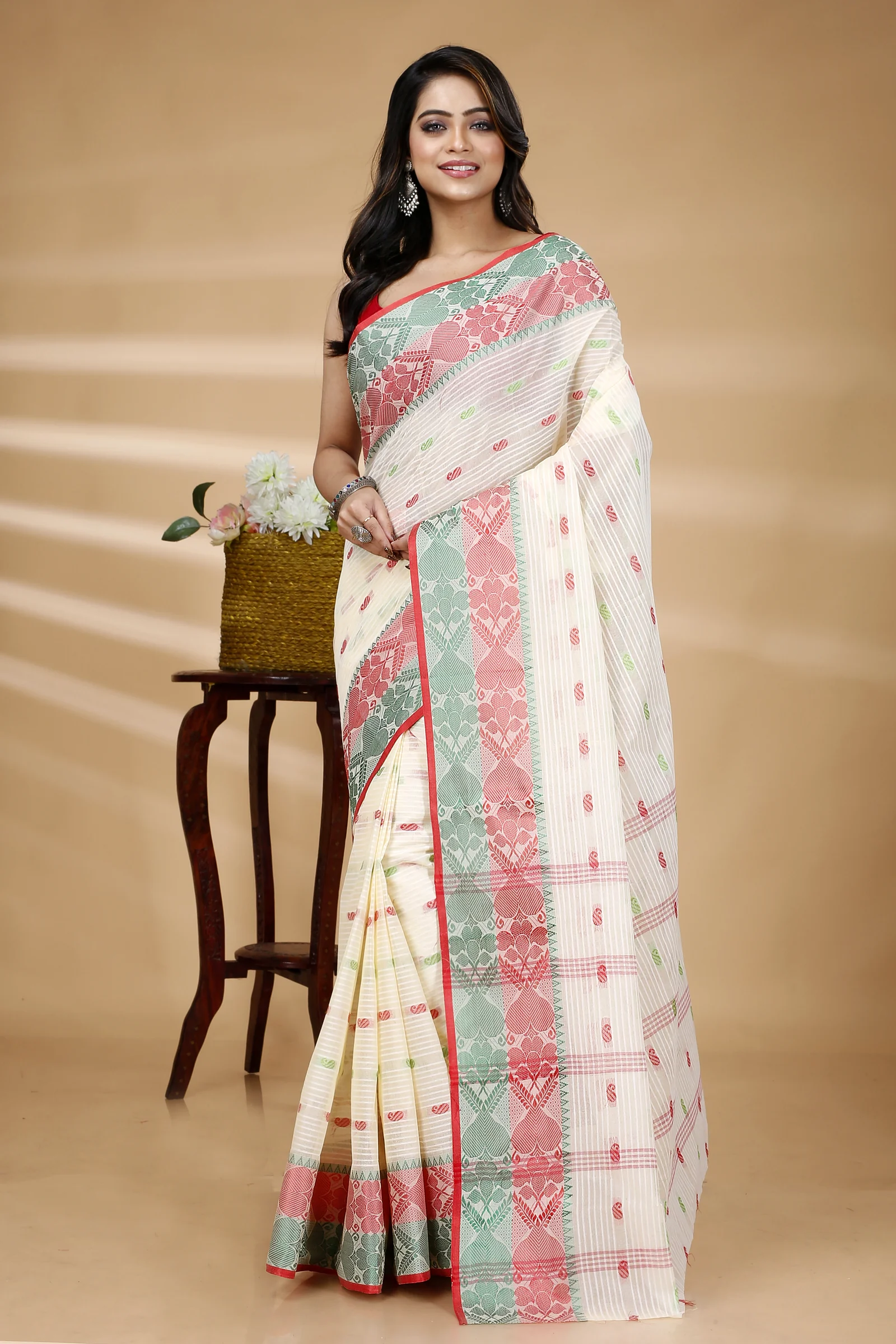 Red Green Pure Cotton Aged_Women Tant Saree (407)