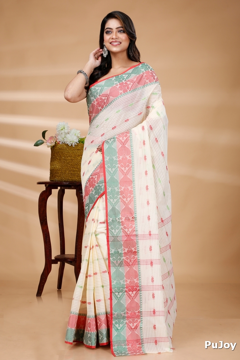 Red Green Pure Cotton Aged_Women Tant Saree (407)