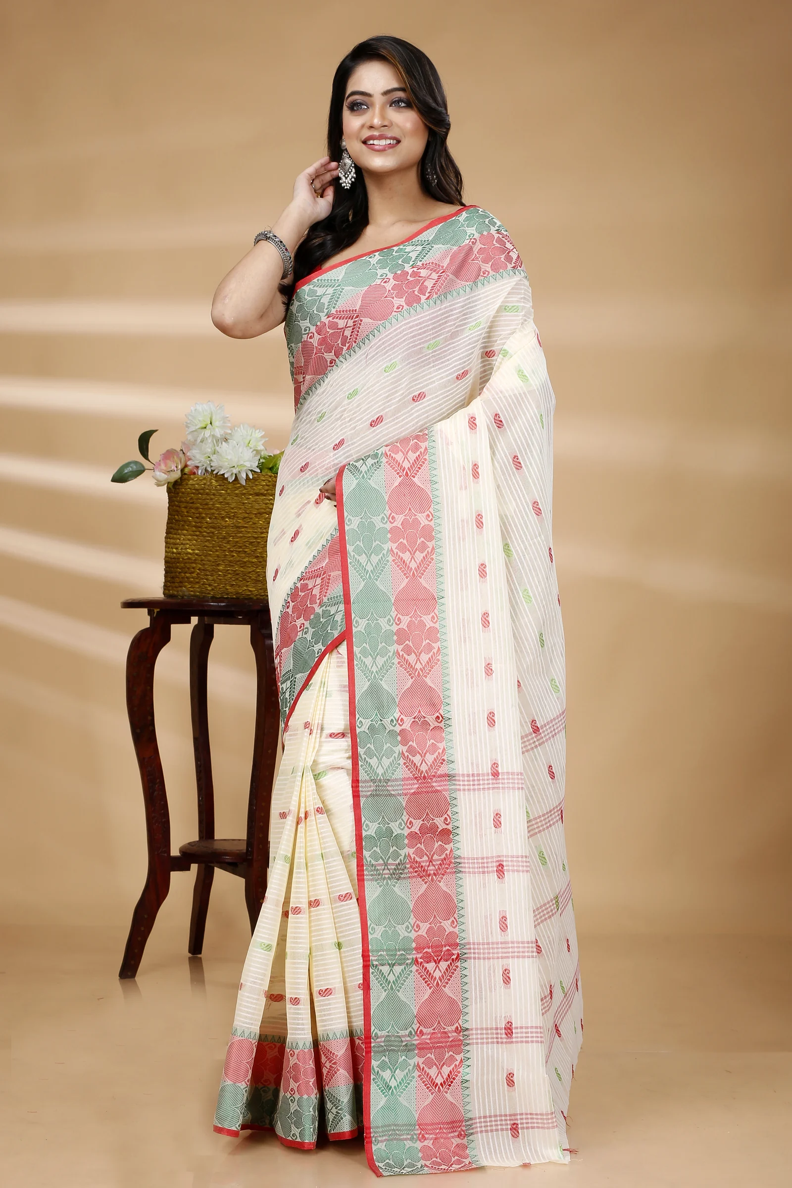Red Green Pure Cotton Aged_Women Tant Saree (407)