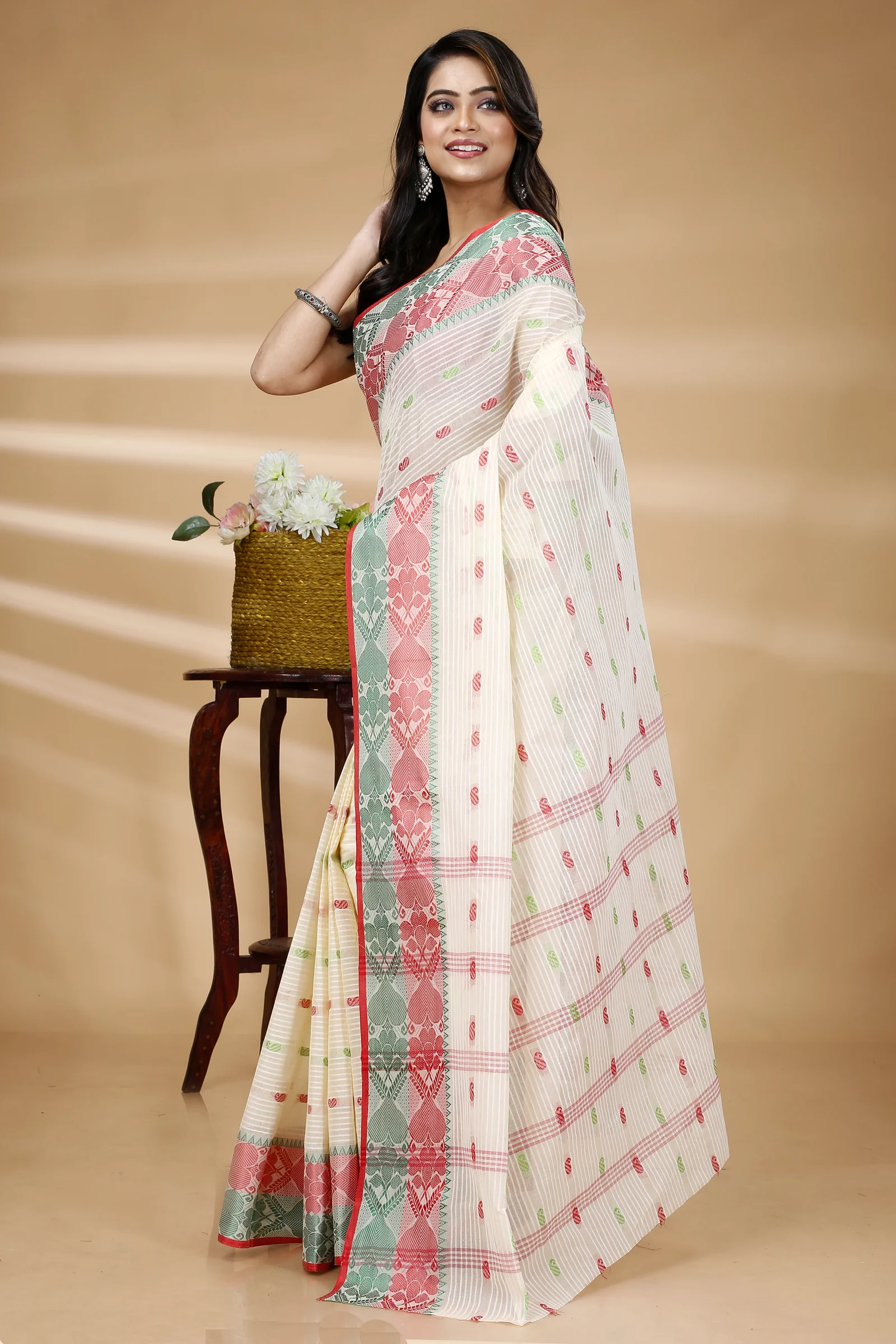 Red Green Pure Cotton Aged_Women Tant Saree (407)