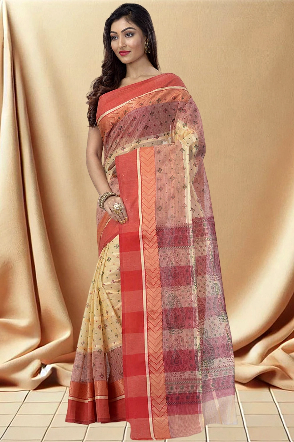 Red Pure Cotton ANARKOLI PRINT Tant Saree Print (4073)