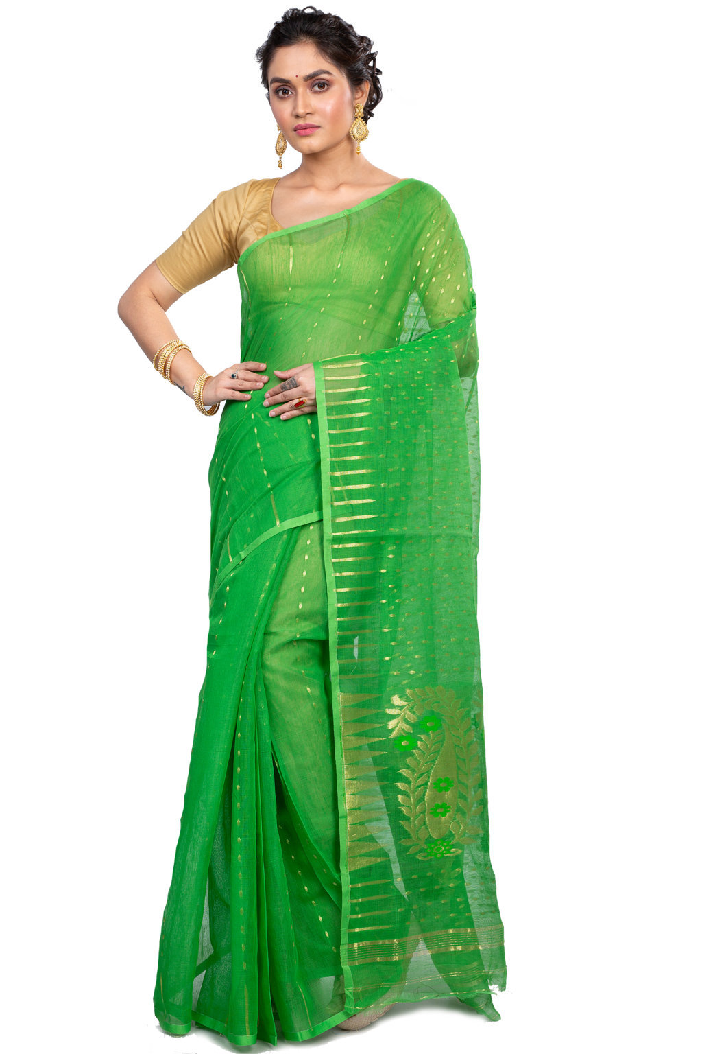 Green Blended Cotton New HALF  JAMDINE Jamdani Saree (4107)