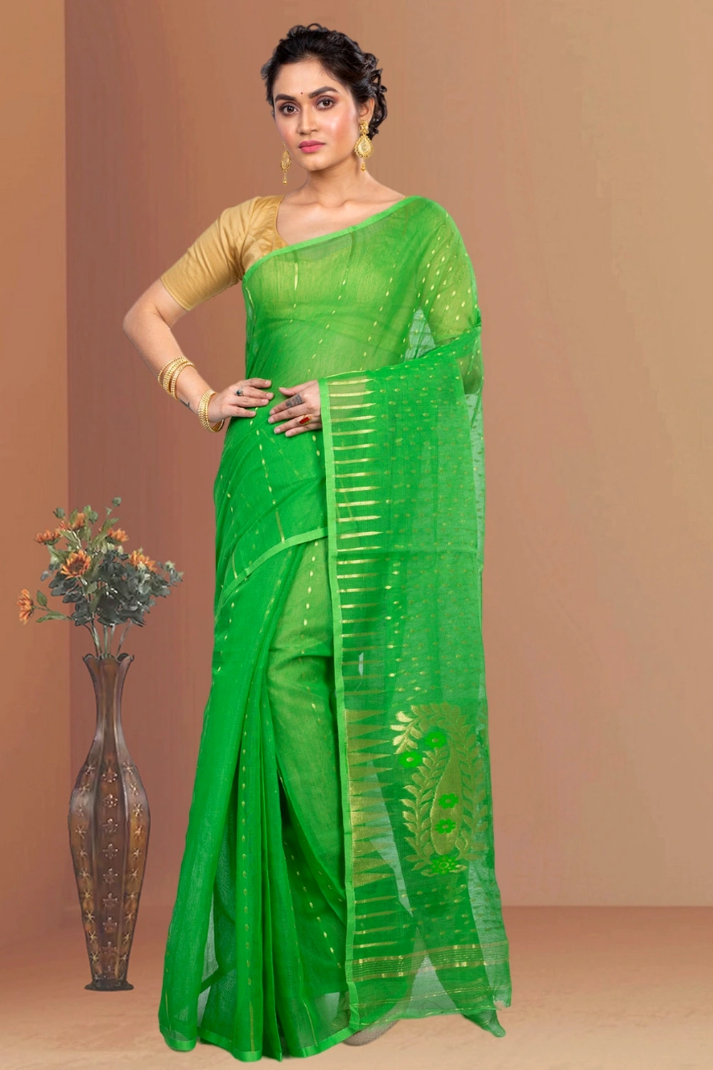 Green Blended Cotton New HALF  JAMDINE Jamdani Saree (4107)