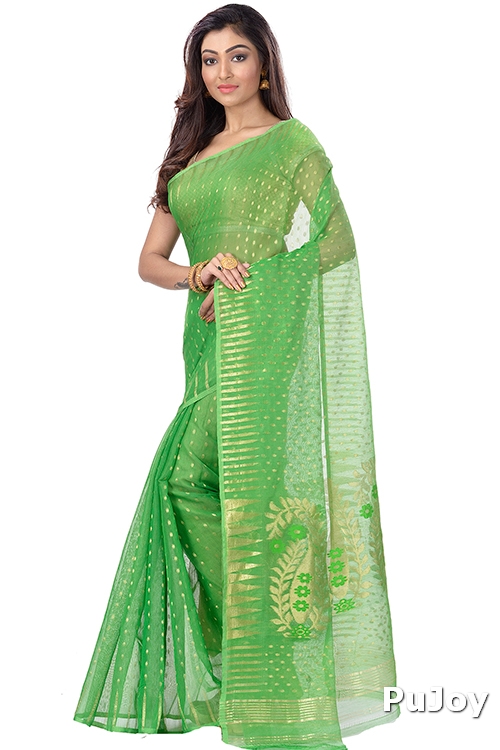 Green Blended Cotton New HALF  JAMDINE Jamdani Saree (4107)