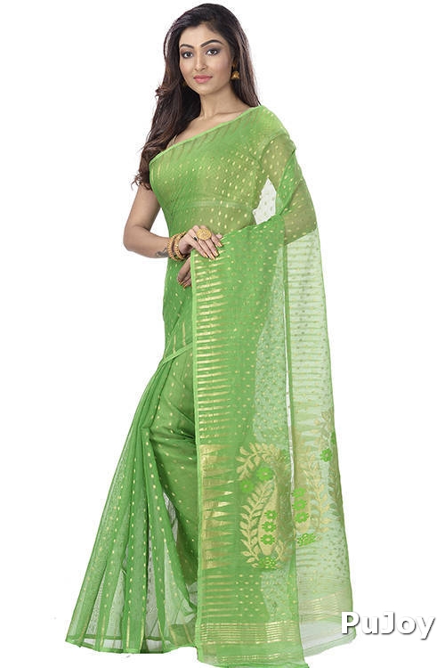 Green Blended Cotton New HALF  JAMDINE Jamdani Saree (4107)