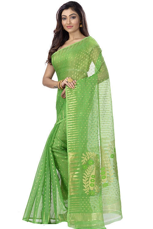 Green Blended Cotton New HALF  JAMDINE Jamdani Saree (4107)