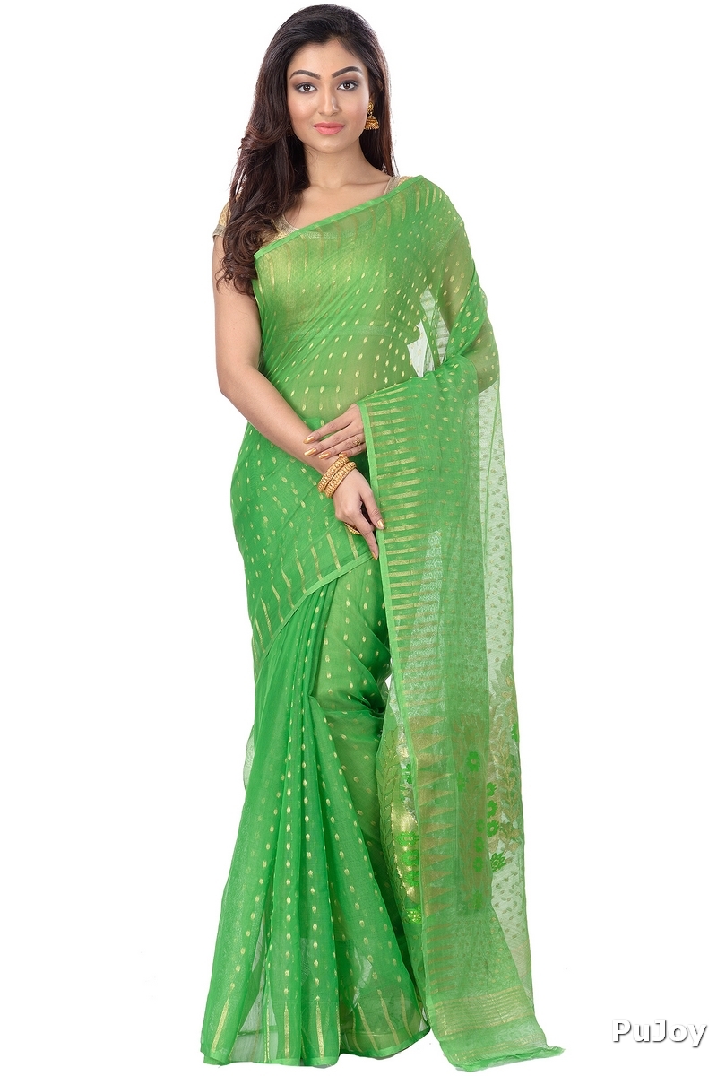 Green Blended Cotton New HALF  JAMDINE Jamdani Saree (4107)