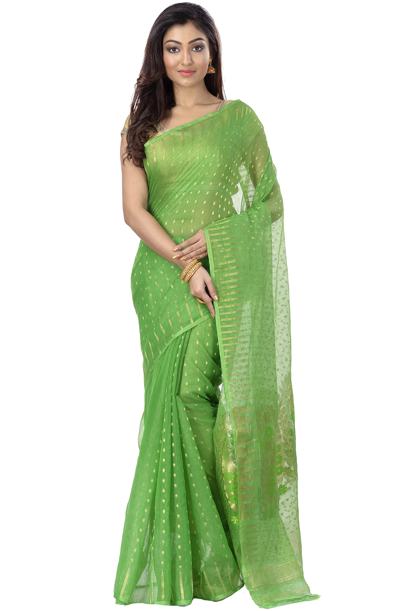 Green Blended Cotton New HALF  JAMDINE Jamdani Saree (4107)