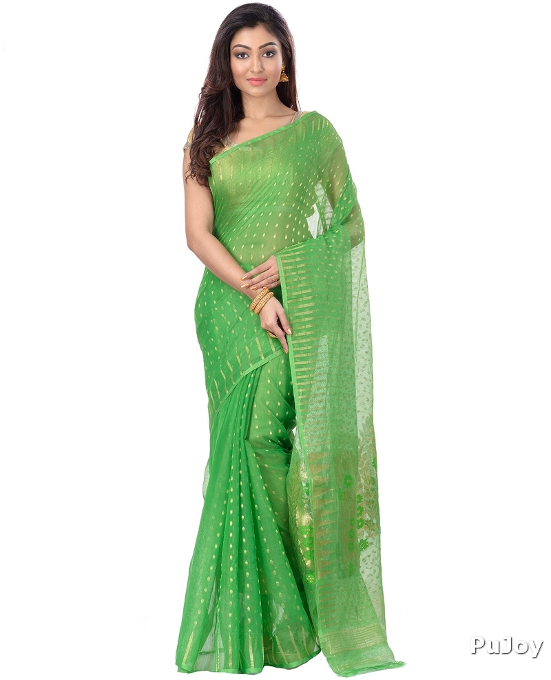 Green Blended Cotton New HALF  JAMDINE Jamdani Saree (4107)