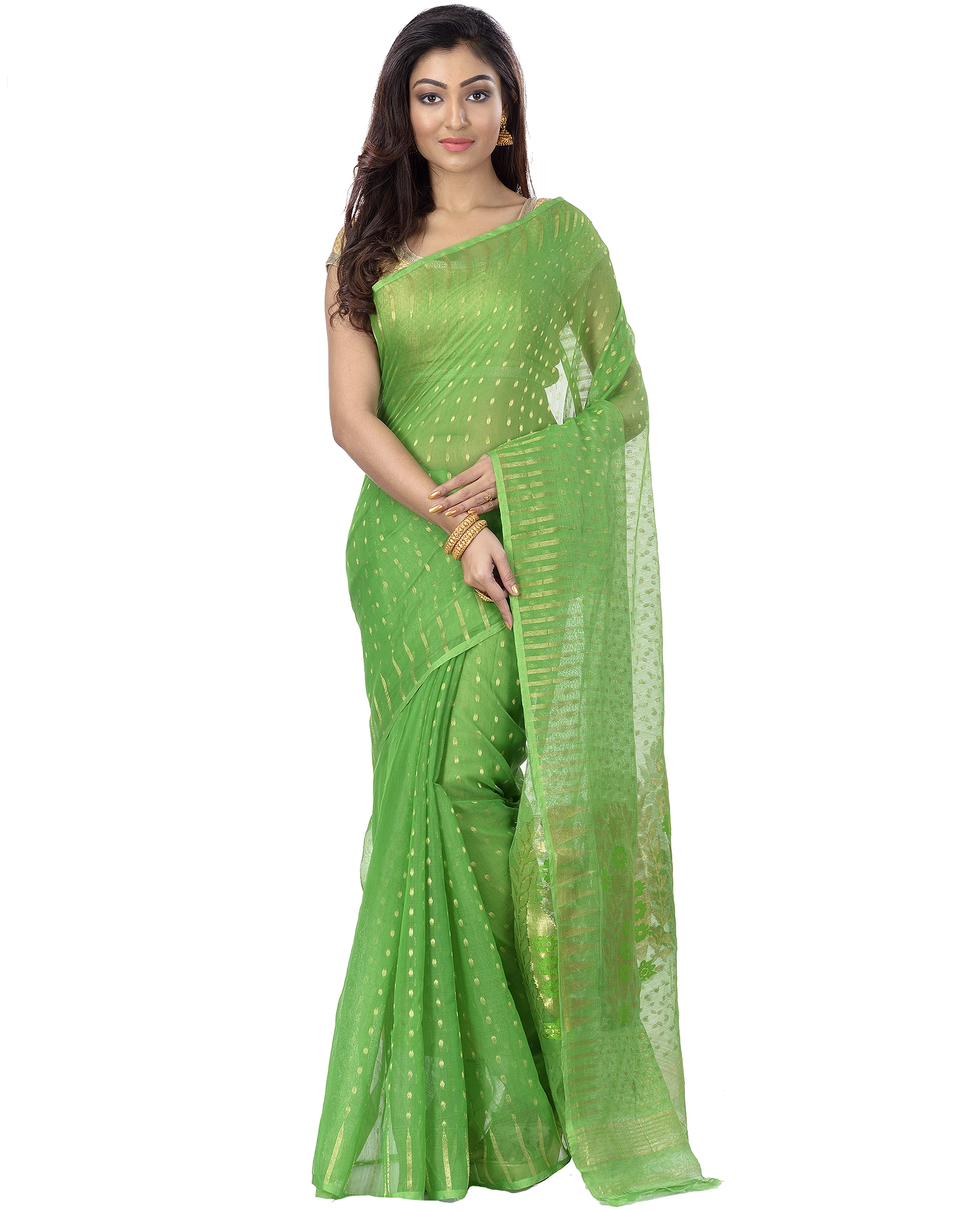 Green Blended Cotton New HALF  JAMDINE Jamdani Saree (4107)