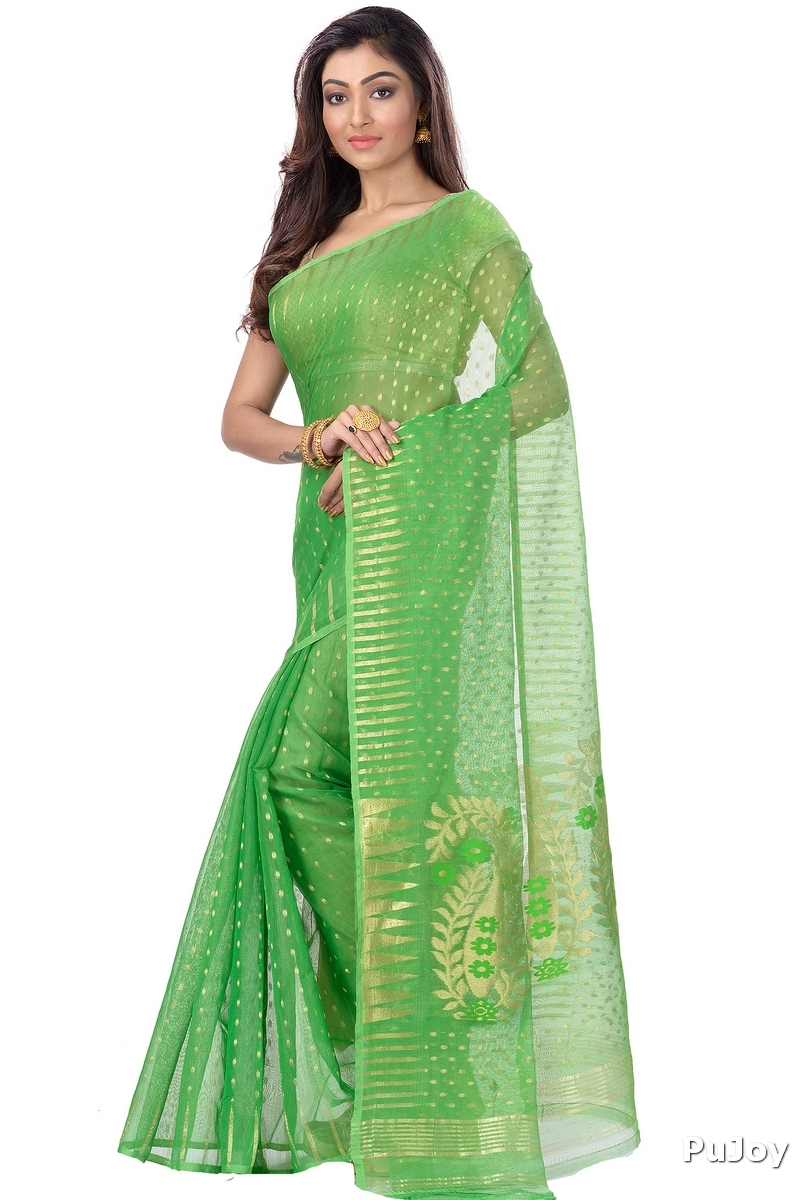 Green Blended Cotton New HALF  JAMDINE Jamdani Saree (4107)