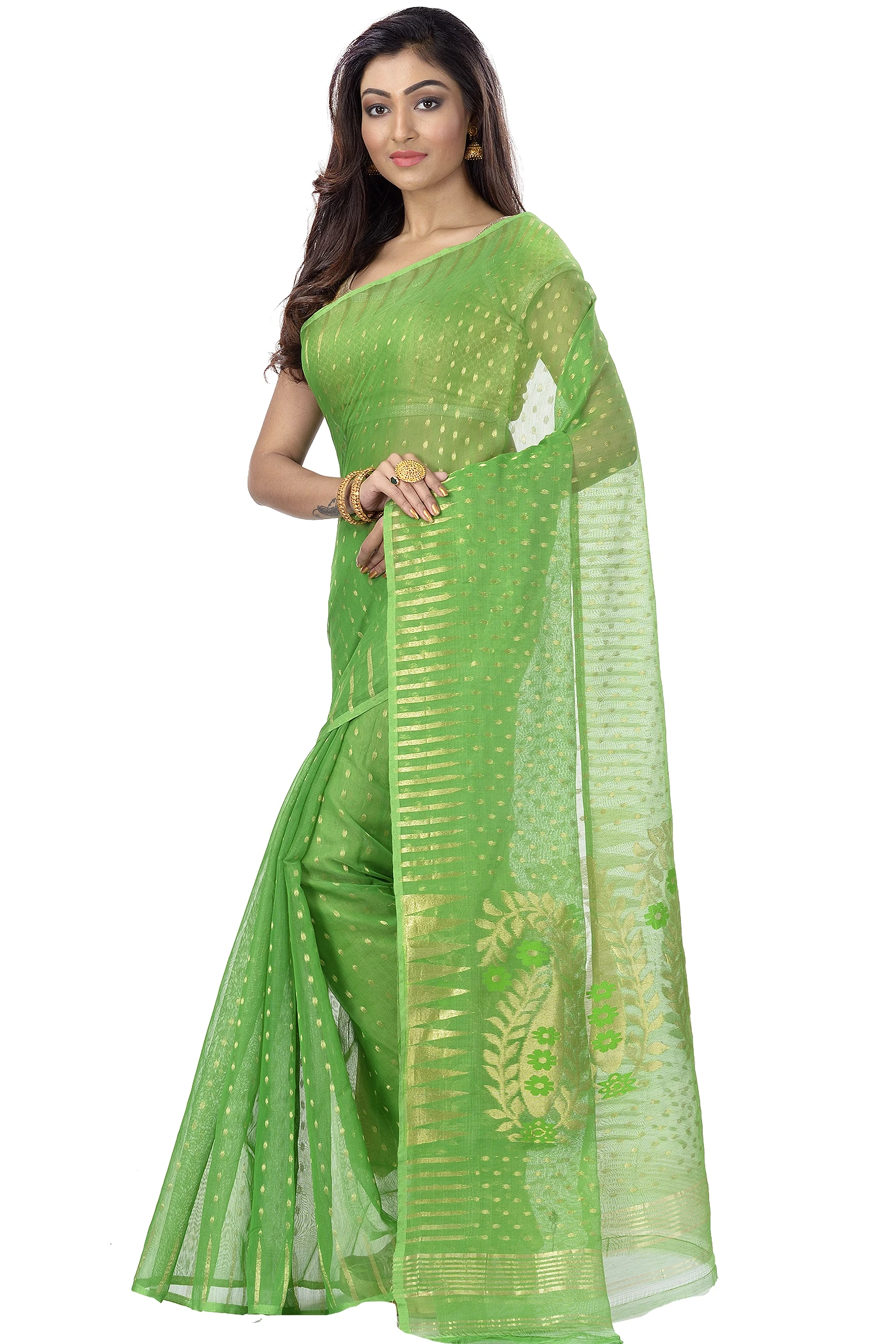 Green Blended Cotton New HALF  JAMDINE Jamdani Saree (4107)
