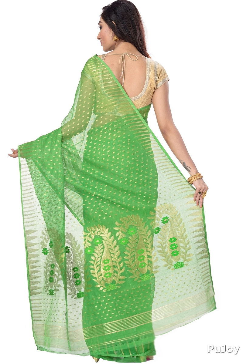 Green Blended Cotton New HALF  JAMDINE Jamdani Saree (4107)