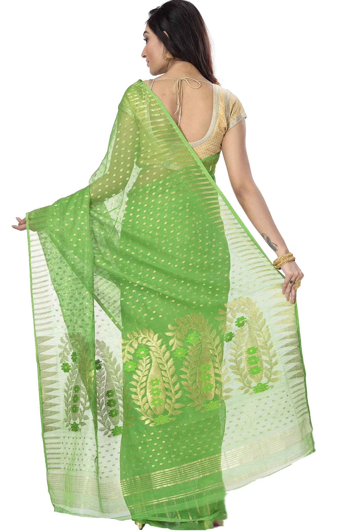 Green Blended Cotton New HALF  JAMDINE Jamdani Saree (4107)