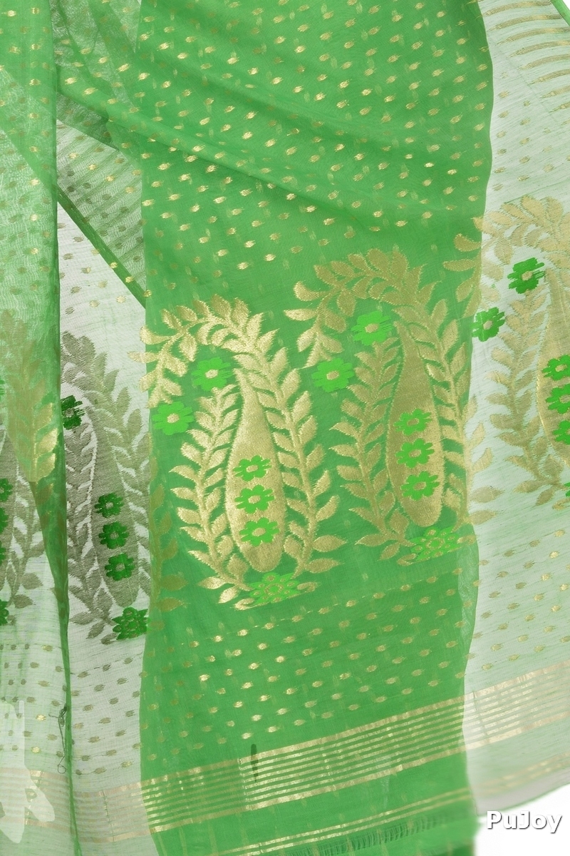 Green Blended Cotton New HALF  JAMDINE Jamdani Saree (4107)