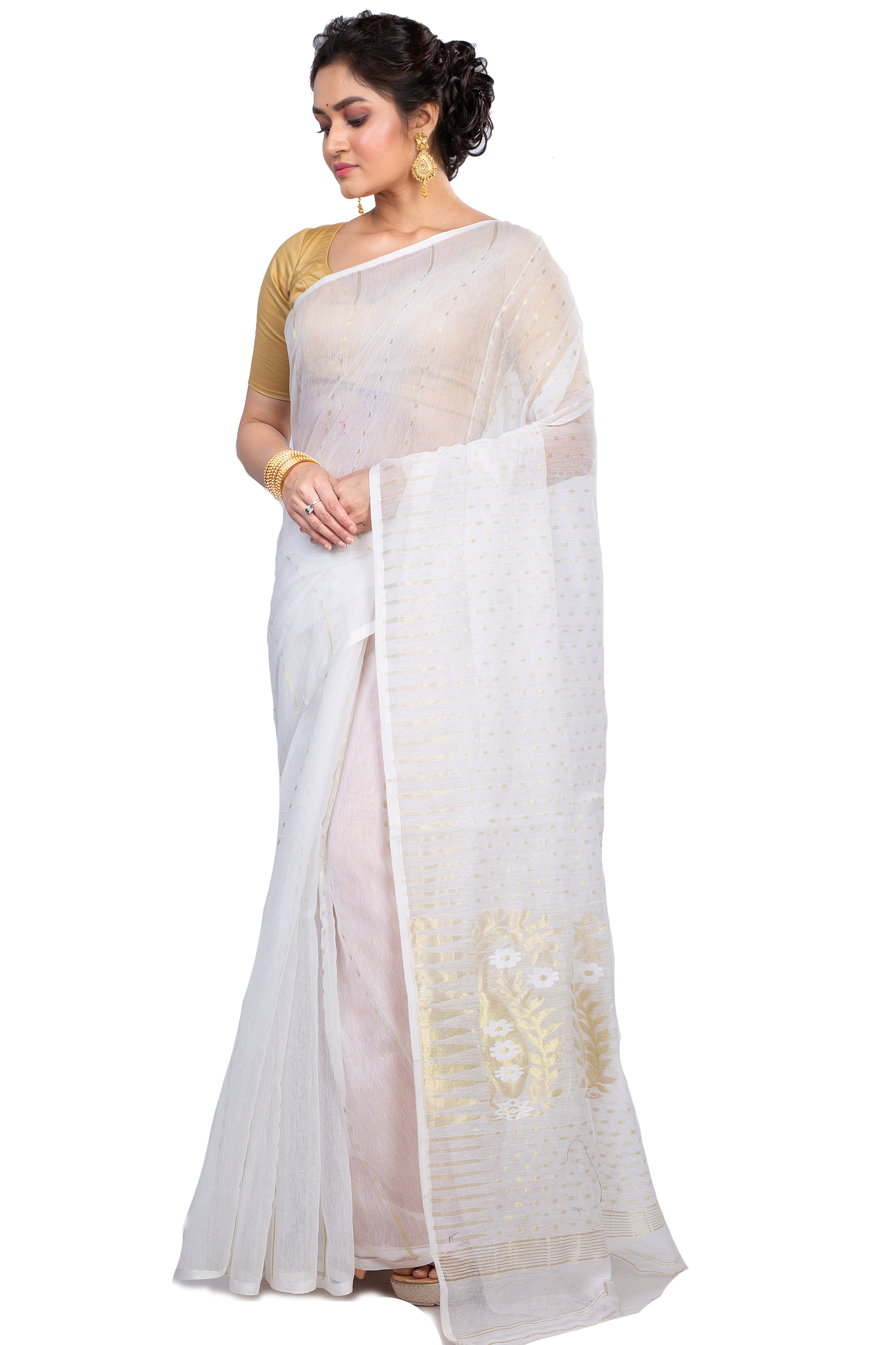 White Blended Cotton New HALF  JAMDINE Jamdani Saree (4108)
