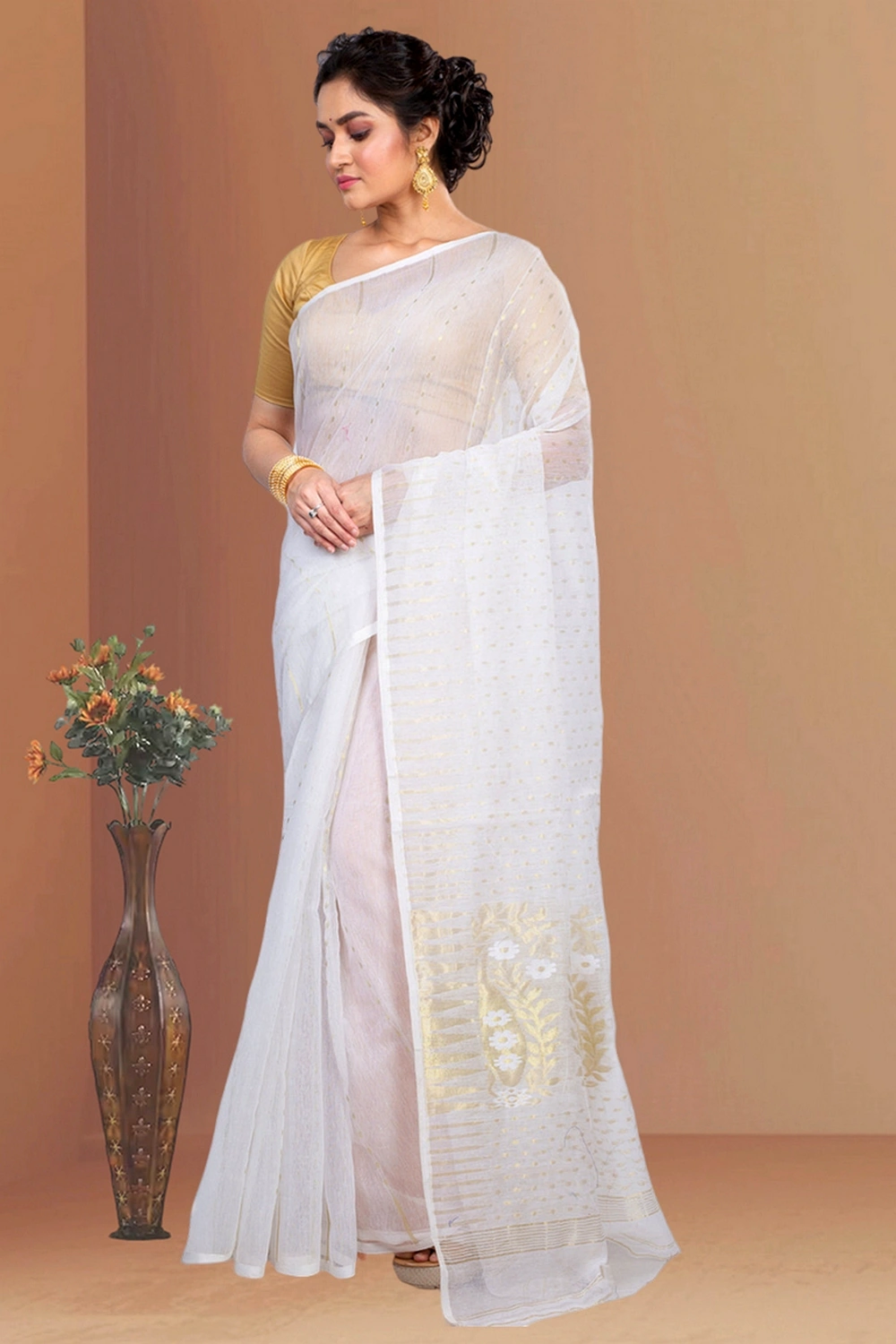 White Blended Cotton New HALF  JAMDINE Jamdani Saree (4108)