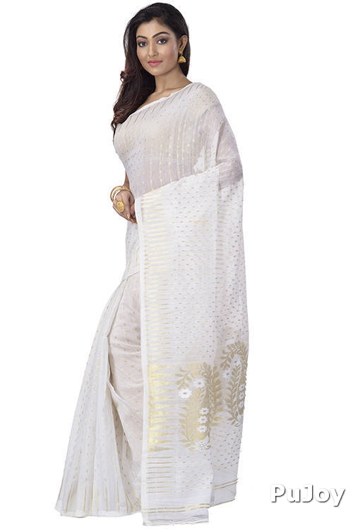 White Blended Cotton New HALF  JAMDINE Jamdani Saree (4108)