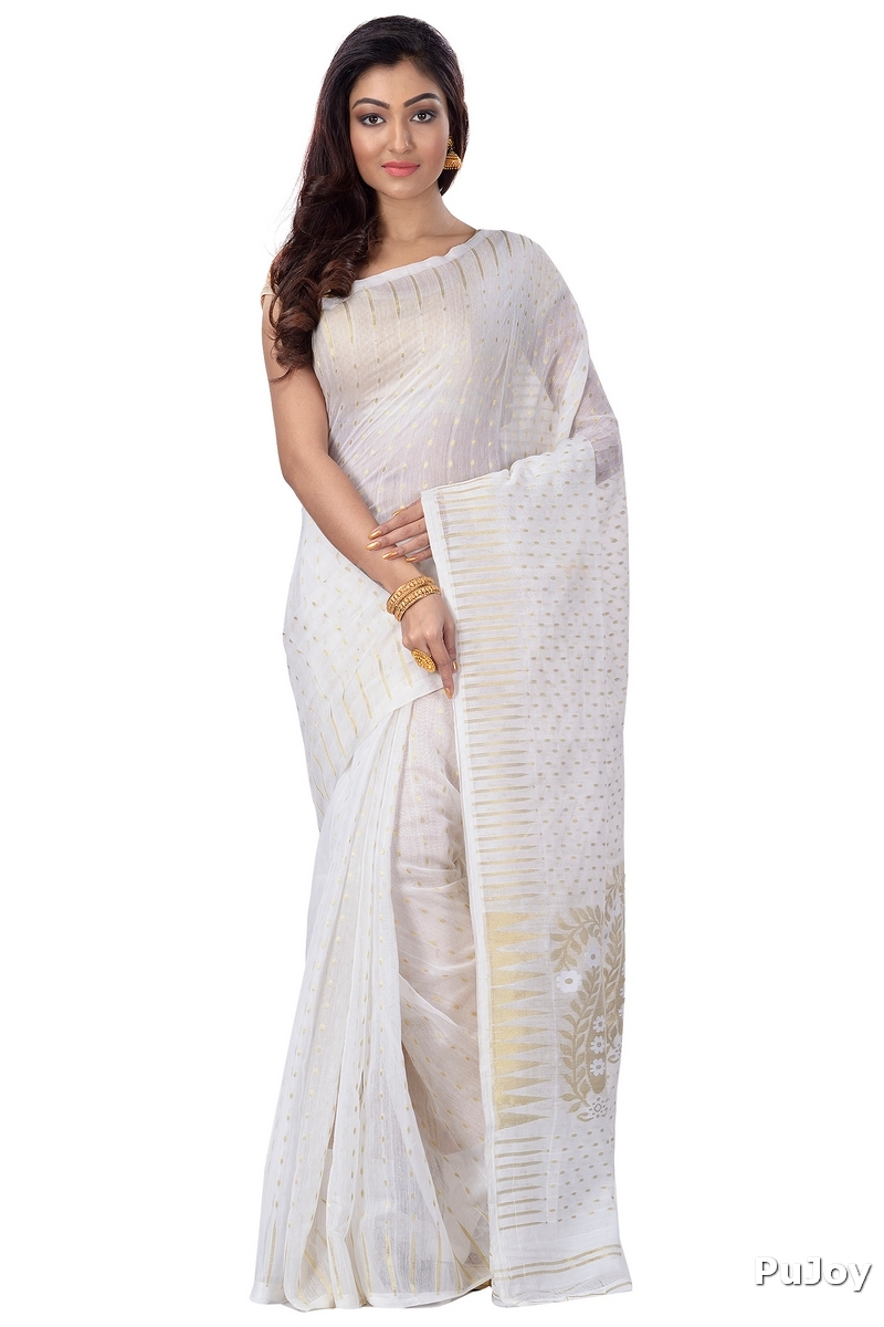 White Blended Cotton New HALF  JAMDINE Jamdani Saree (4108)