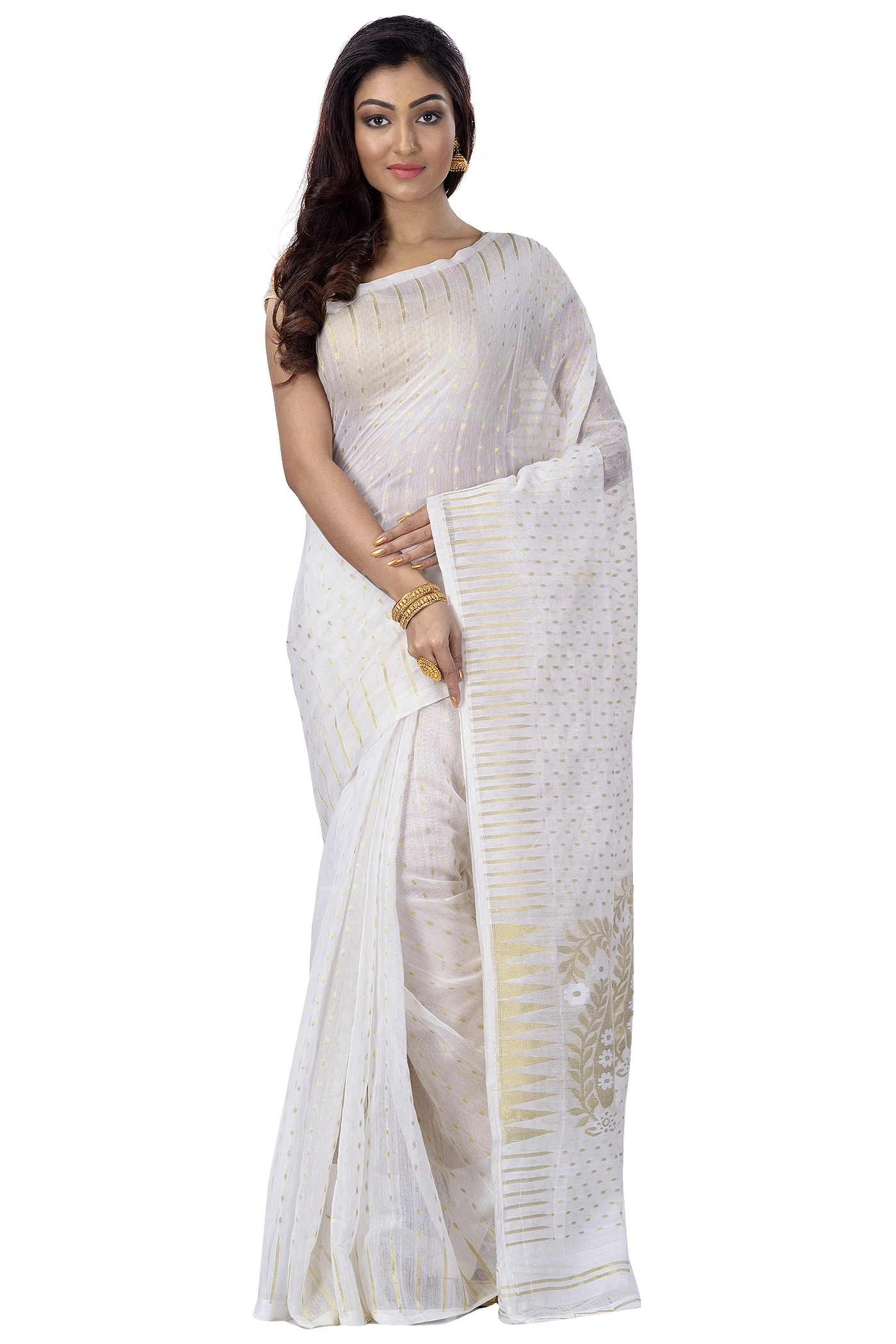 White Blended Cotton New HALF  JAMDINE Jamdani Saree (4108)