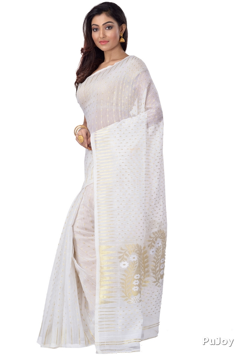 White Blended Cotton New HALF  JAMDINE Jamdani Saree (4108)