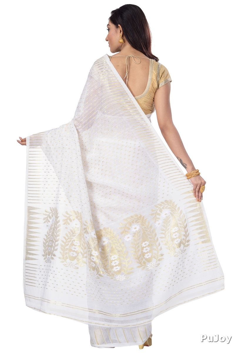 White Blended Cotton New HALF  JAMDINE Jamdani Saree (4108)