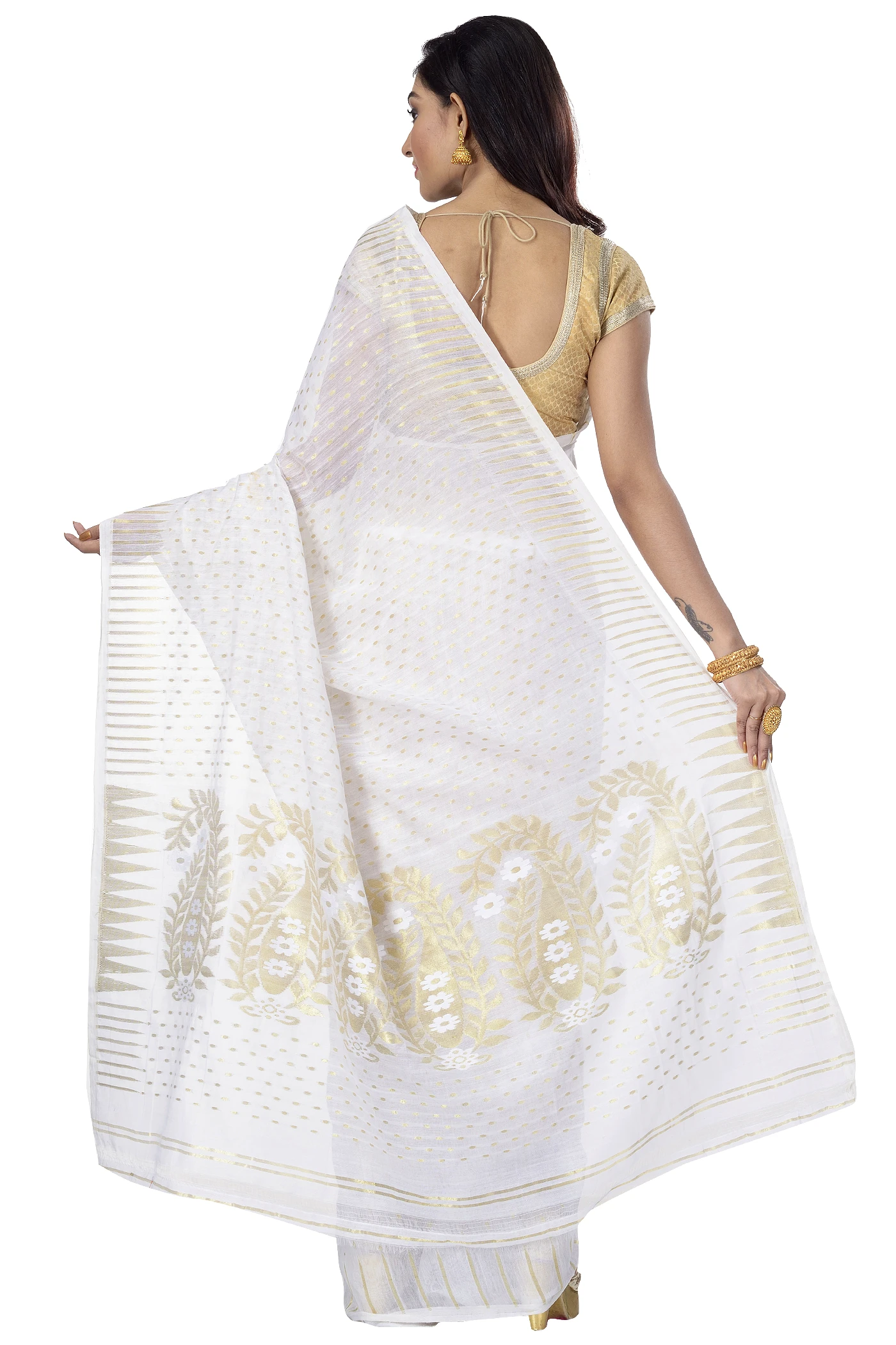 White Blended Cotton New HALF  JAMDINE Jamdani Saree (4108)